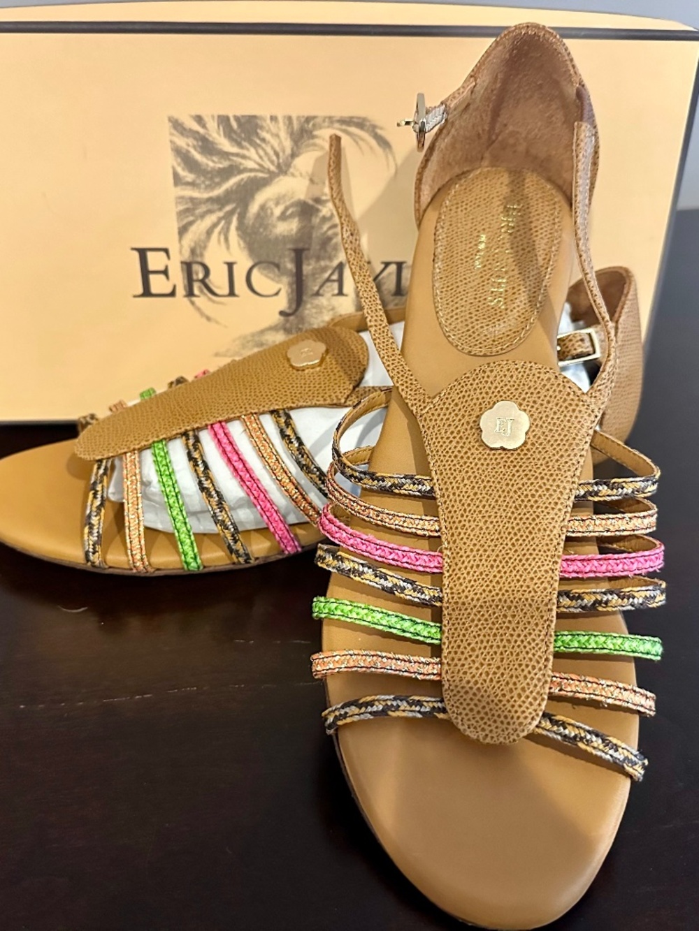 ERIC JAVITS Tan Multicolor Leather HAVANA Braided Straps size 8.5